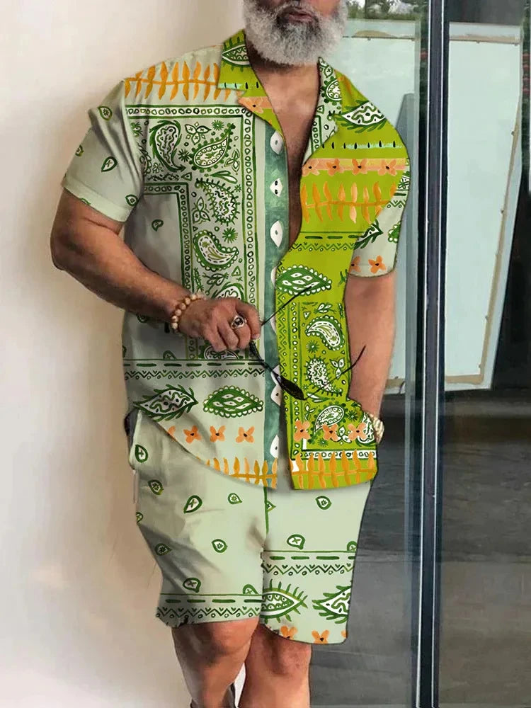 2024 Summer Men's Temperament Shirt Set Men's Hawaii Vacation Short Sleeve Top Drawstring Shorts 2 Pcs Boutique Party Dresses