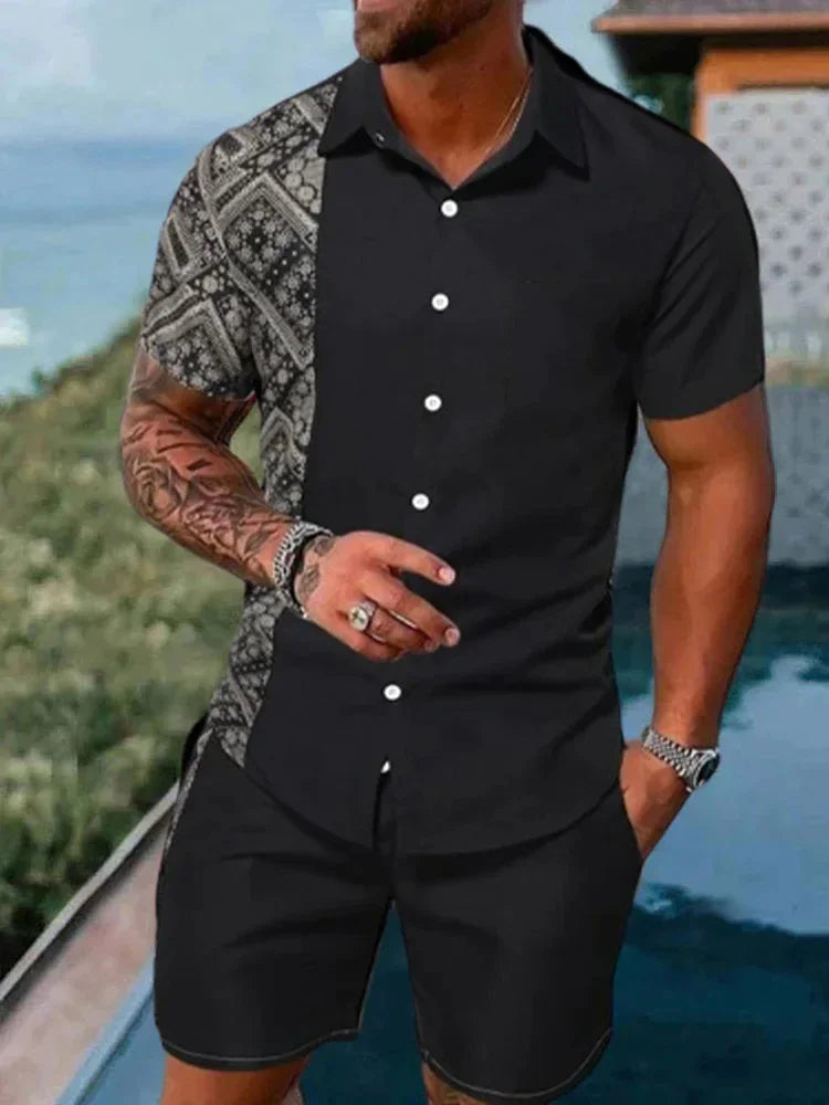 2024 Summer Men's Temperament Shirt Set Men's Hawaii Vacation Short Sleeve Top Drawstring Shorts 2 Pcs Boutique Party Dresses
