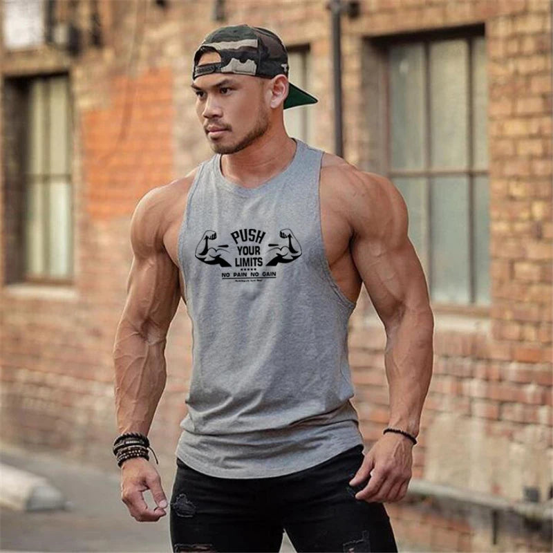 PUSH YOUR LIMITS NO PAIN NO GAIN Gym Vest Mens Bodybuilding Tank Tops Summer Cotton Fitness Sleeveless Shirt Workout Clothing