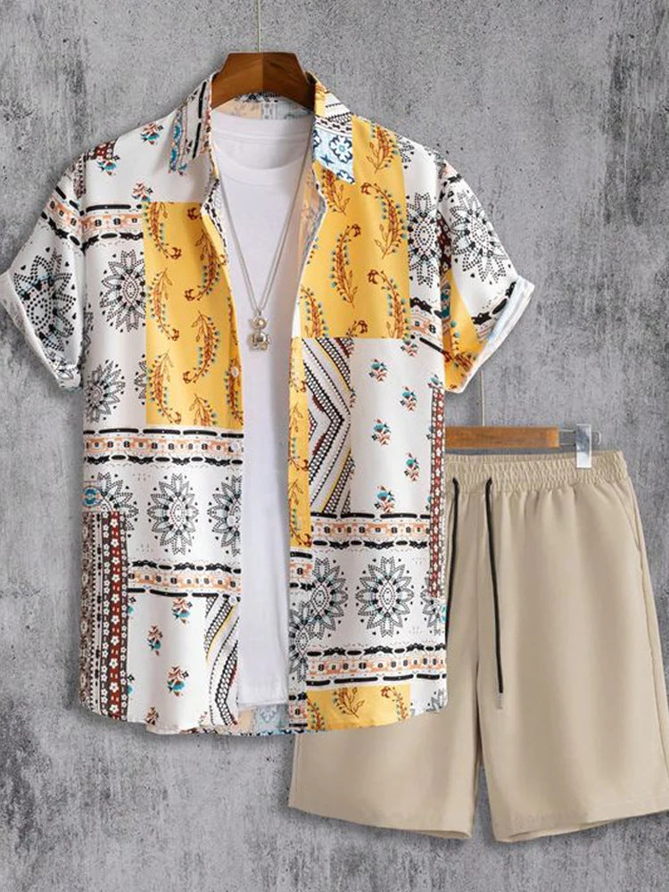 Traje de camisa de manga corta casual ajustado con solapa impresa en 3D