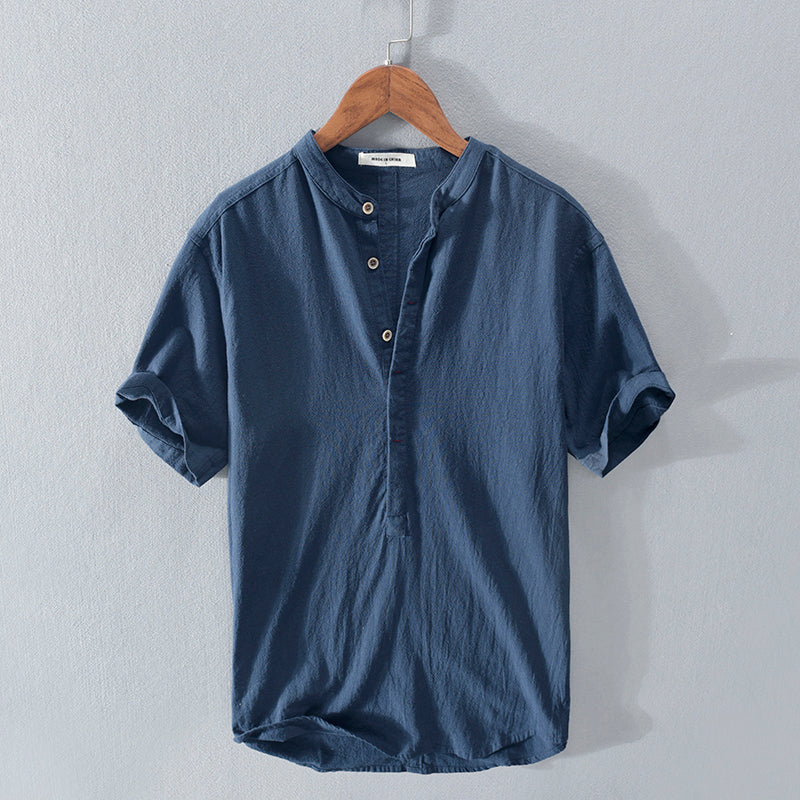 Camiseta de manga corta de lino de seda helada japonesa con cuello levantado para hombre
