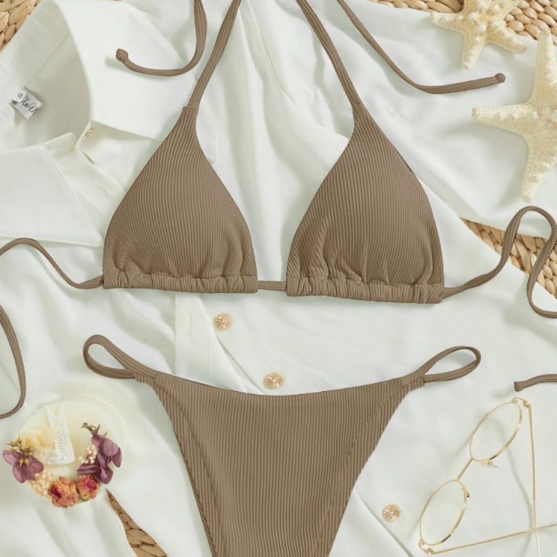 Traje de baño de dos piezas para mujer, sexy, pequeño, de canalé, con nudo, para la playa, venta al por mayor de fábrica