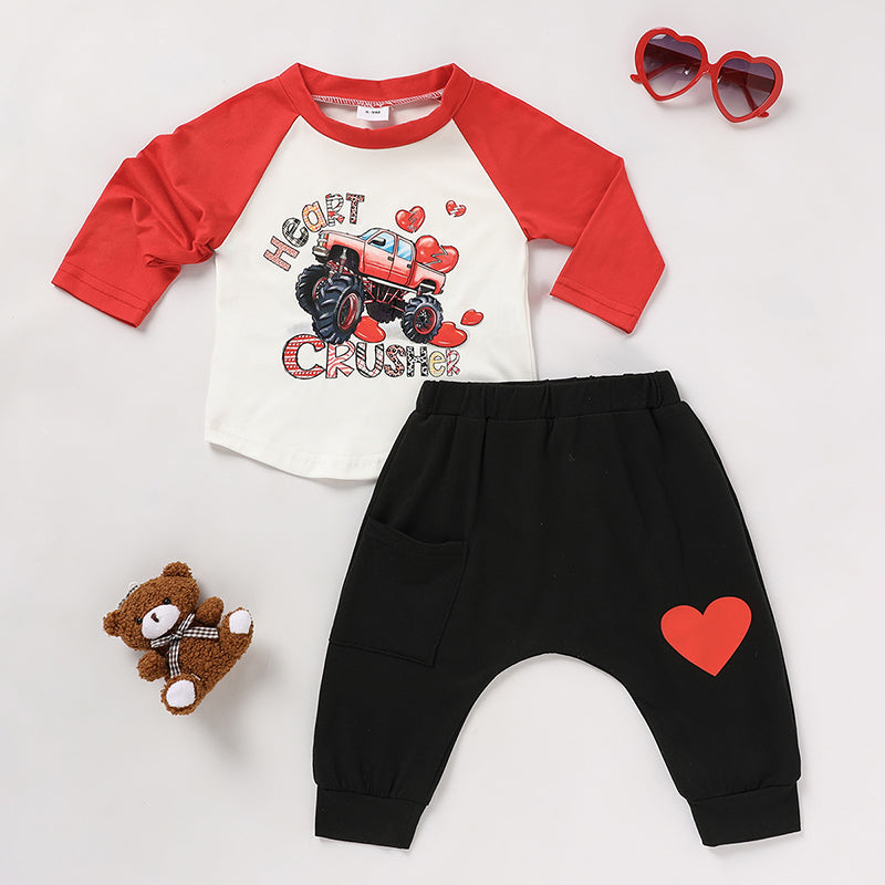 Conjunto de dos piezas para bebé de niño con estampado 'Heart Crusher' para el Día de San Valentín, camiseta de manga larga y pantalones negros con estampado de corazón