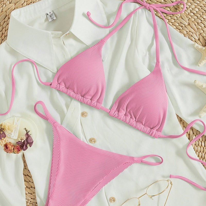 Traje de baño de dos piezas para mujer, sexy, pequeño, de canalé, con nudo, para la playa, venta al por mayor de fábrica