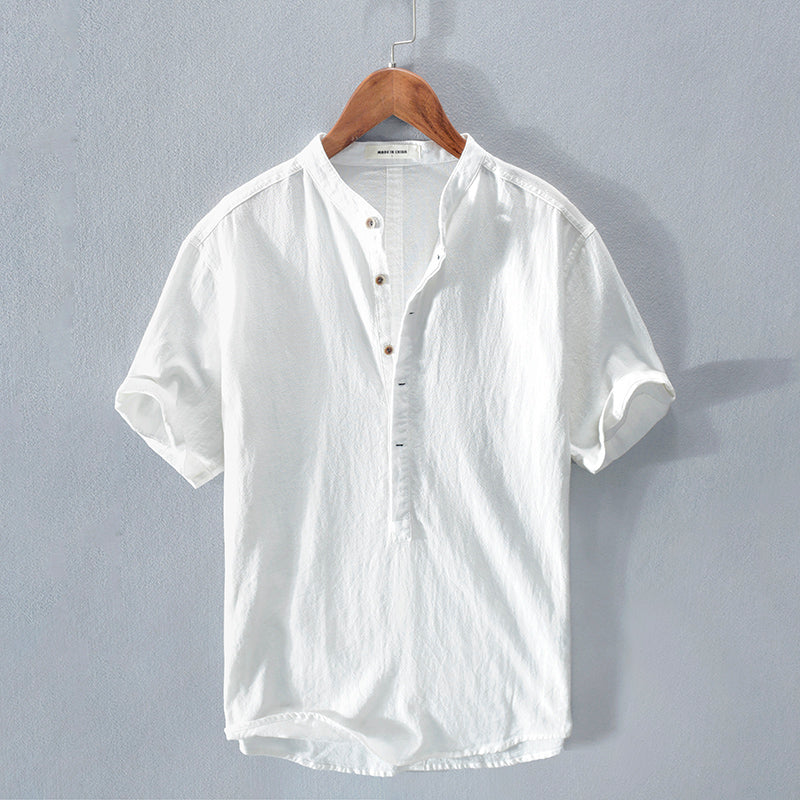 Camiseta de manga corta de lino de seda helada japonesa con cuello levantado para hombre