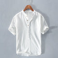 Camiseta de manga corta de lino de seda helada japonesa con cuello levantado para hombre