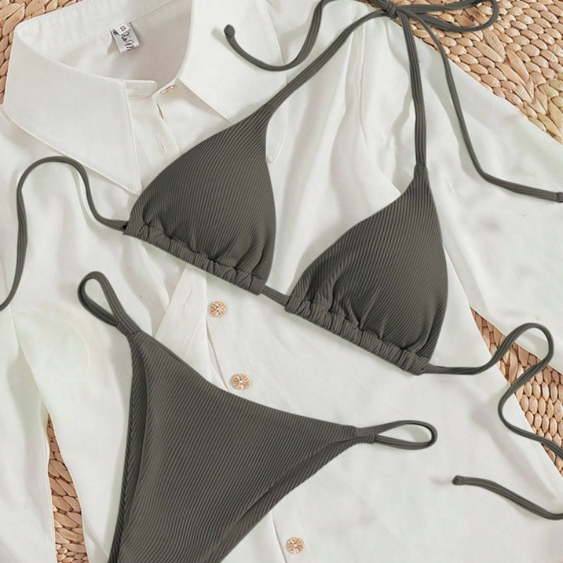 Traje de baño de dos piezas para mujer, sexy, pequeño, de canalé, con nudo, para la playa, venta al por mayor de fábrica