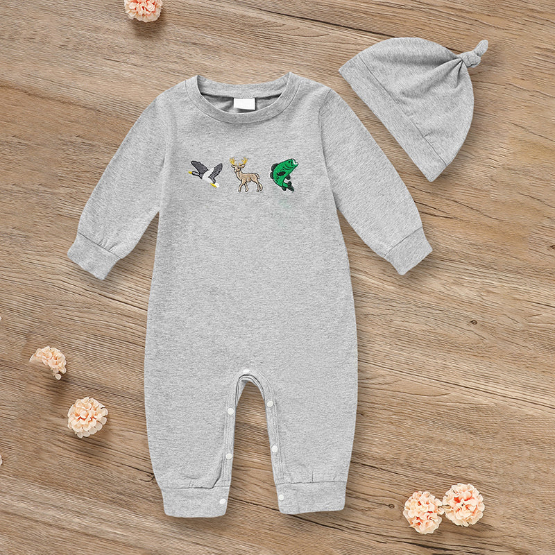 Conjuntos de ropa para bebé recién nacido niño, manga larga, estampado animal, pelele y gorro, 2 piezas, conjunto de ropa de otoño e invierno