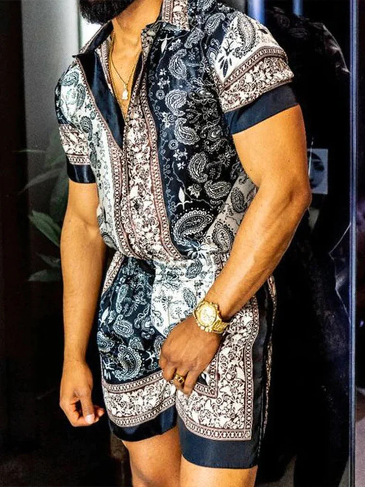 Traje de camisa de manga corta casual ajustado con solapa impresa en 3D